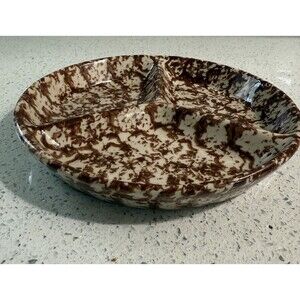 Henn Pottery Divided Dish 9” Round Plate Spongeware Brown Signed 3 Sections USA